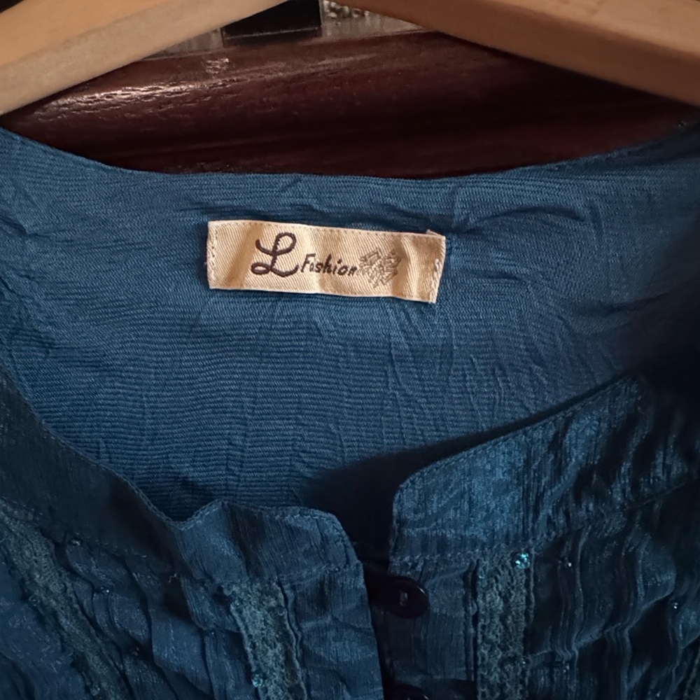 L Fashion Dark Teal-Blue Semi-Sheer Crinkled Peasant Blouse Fairy-Core Boho Top - Picture 5 of 6